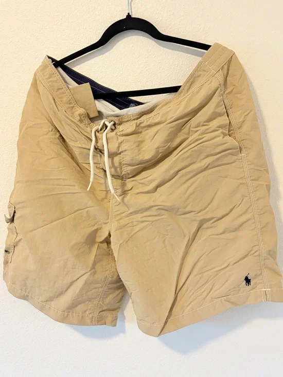 Polo Ralph Lauren Mens Swim Trunks XL Tan Cargo Board Shorts Mesh Lined Beige