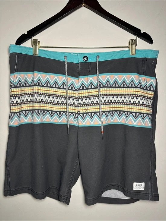 Katin Men's Gray Aztec-Stripe Swim Trunks with Aqua Waistband