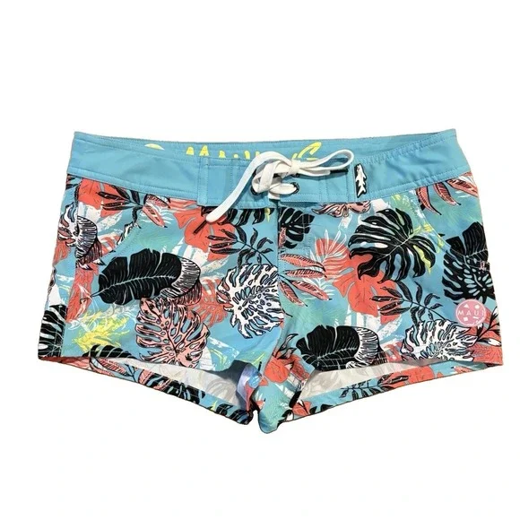 Maui and Sons Womens Board Shorts Swim Tropical Floral Monstera Leaf Turquoise 7