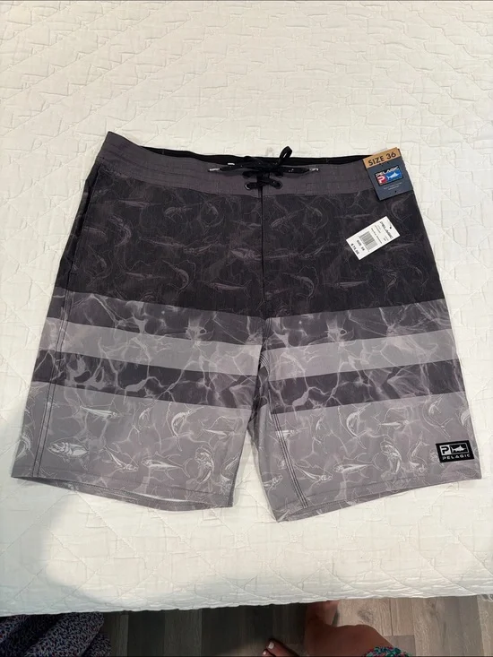 Pelagic Men’s Gray & Charcoal Striped Swim Board Shorts
