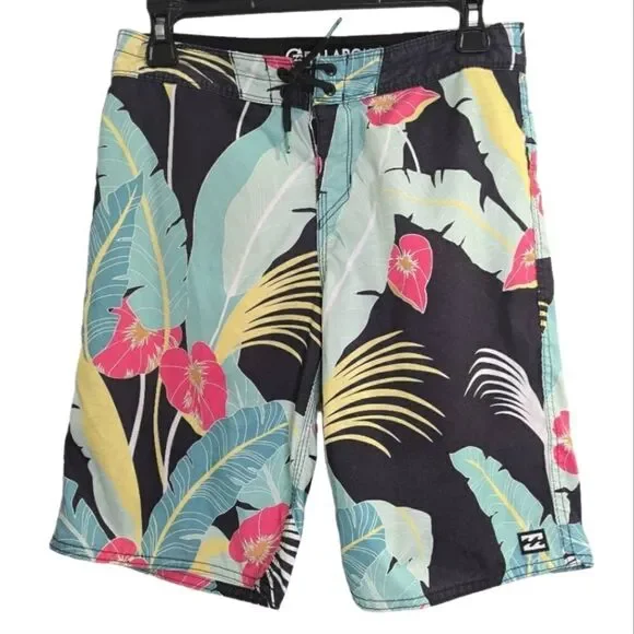 Billabong green pink tropical palm print board shorts swim bottom trunks mens 28