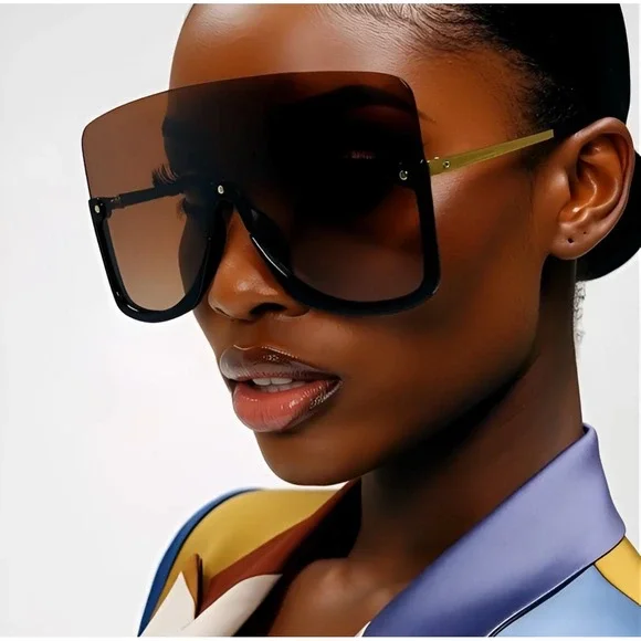Sunglasses Women XXL Dark Brown Lens Fashion Gold Accents‎ Helf Rimless Lentes