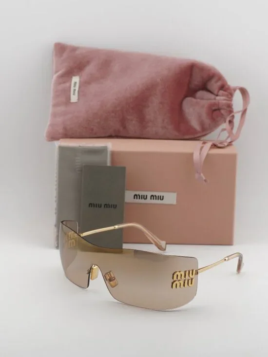 Miu Miu MU B53S 5AK20P Rimless Shield Sunglasses – Gold / Brown