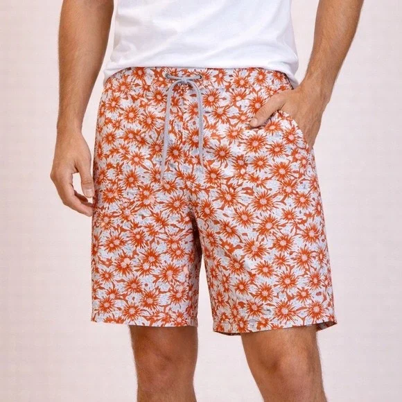 Tommy Jeans Orange Blue Floral Print Board Shorts Drawstring Size Medium‎