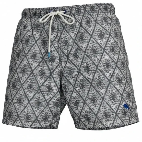 Tommy Bahama Men's Swim Trunks Size L Geometric Print Elastic‎ Waist Blue Logo