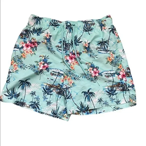 George Mens aqua Hawaiian floral swim trunks‎