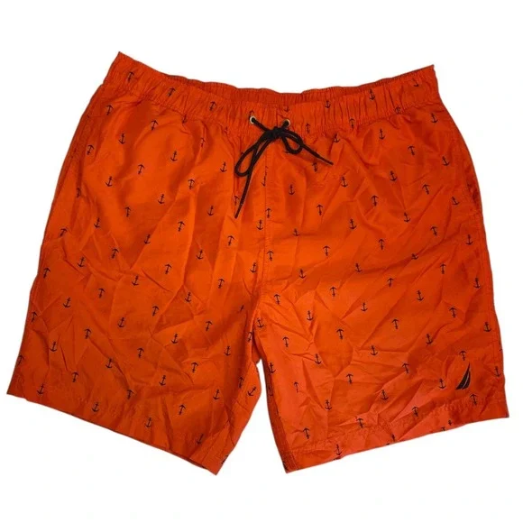 Nautica Mens Orange Anchor Print Swim Trunks Mesh Lined Board Shorts XL