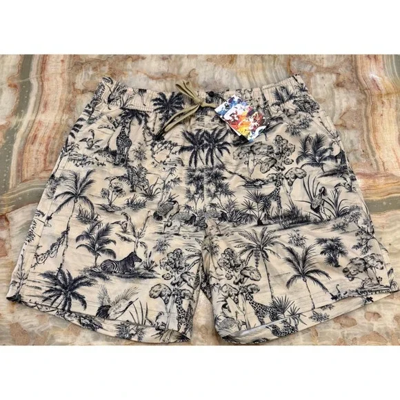 NWT Robert Graham Mens‎ Quick Dry Boxer Board Shorts Beige Tropical Beach Medium