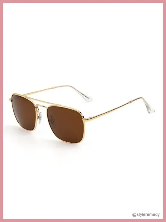 Retro Square Aviator Sunglasses with Glass Lens, Metal Frame