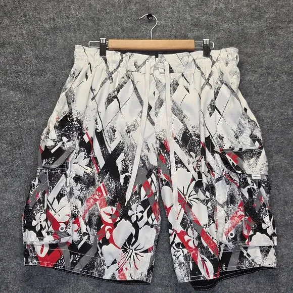 Arizona Jean Company Shorts Mens Large White Floral Swim Trunks Cargo Pockets