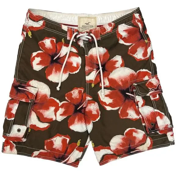 Hollister Vintage Y2K Board Shorts Swim Trunks Hibiscus Floral Cargo Brown Large