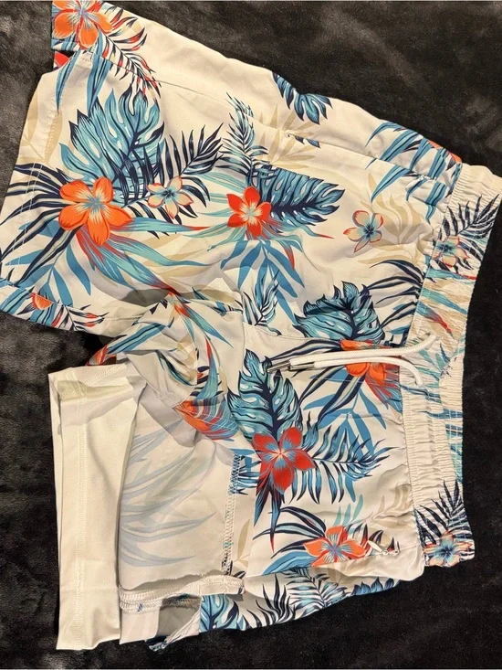 Women’s Floral Tropical Print Swim Shorts - White with Blue & Orange