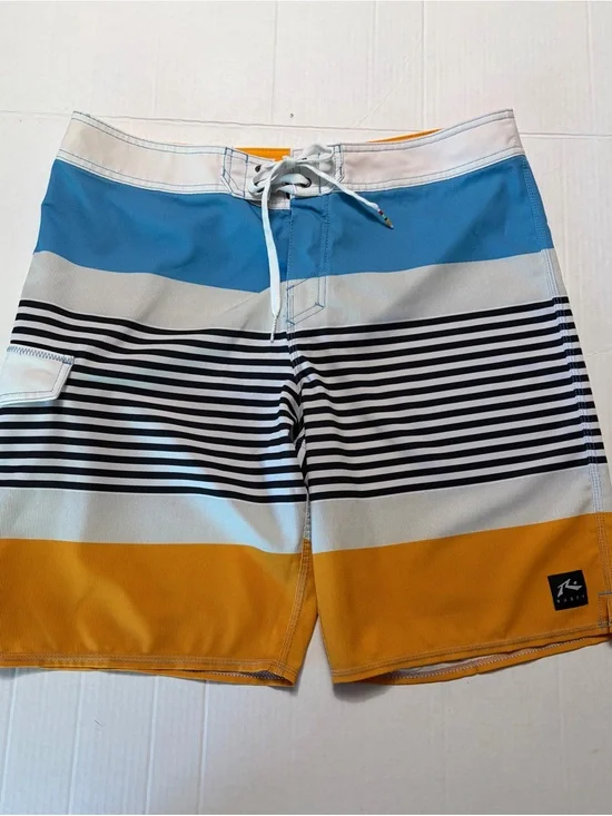 Rusty Board Shorts‎ Mens 34 Blue Orange Striped Surf Swim Trunks Cargo Pocket
