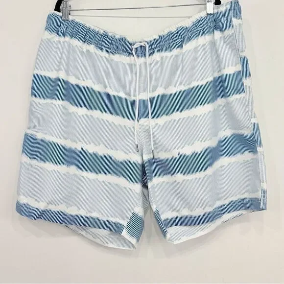 Land's End White Blue Squiggle Stripe Mesh Lined Drawstring Waist Swim Trunks