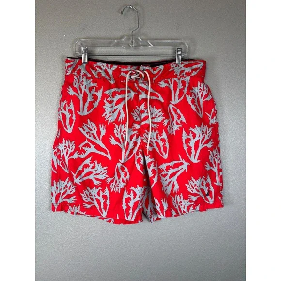 Nautica Mens Swim Trunks Red Coral Print Board Shorts‎ Mesh Lining Large