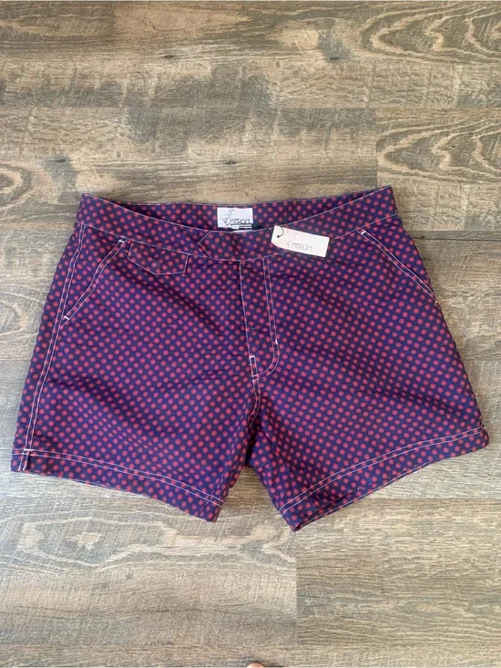 Heron Haberdashery Navy Swim Shorts with Red Dot Print