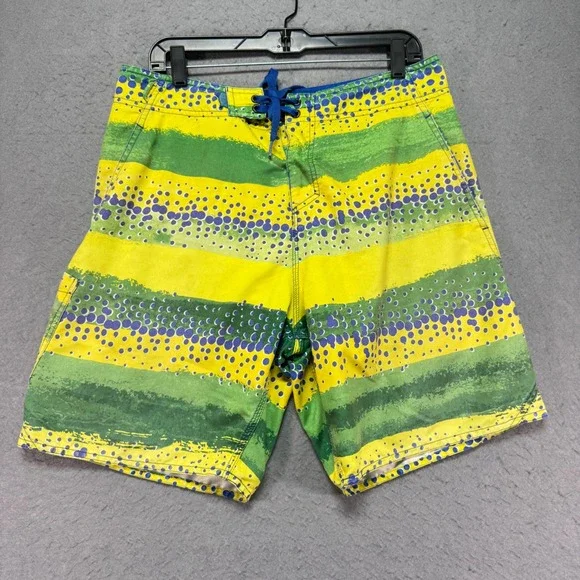 AFTCO Mens Fishing Board Shorts Yellow Green Blue Striped Print Size‎ 32