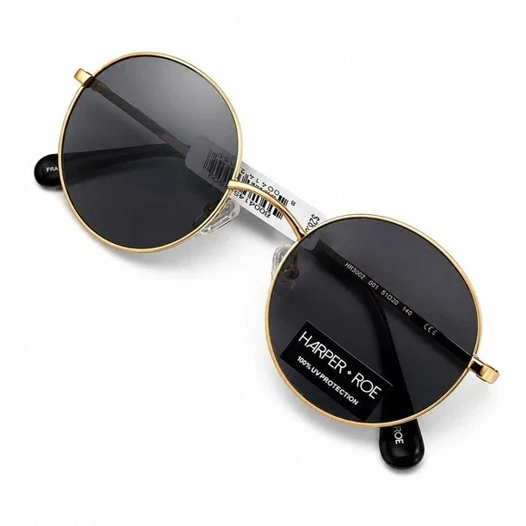 Harper + Roe Round Gold Tone Sunglasses Black Lenses Retro Boho Festival NWT