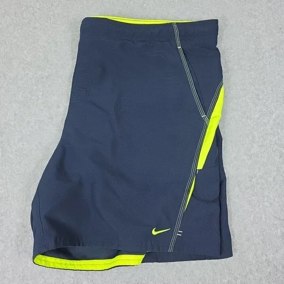 Nike Lined Swim Short‎ Men's Size XXL Blue / Neon Green Cargo Pocket Drawstring