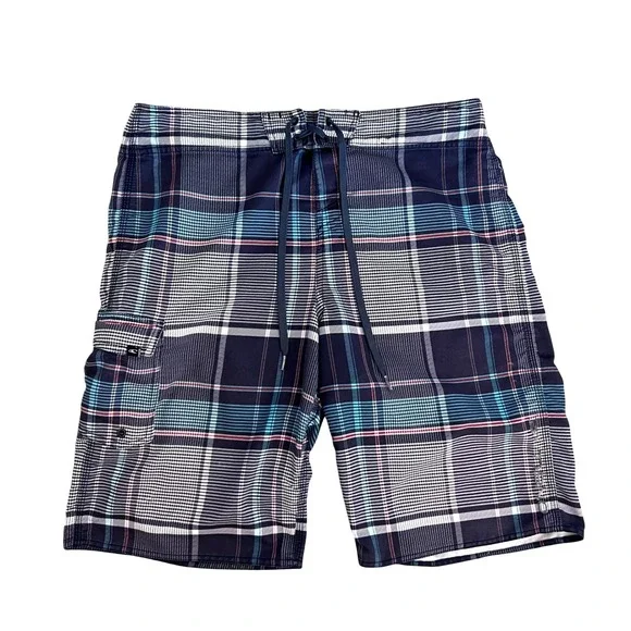 O'Neill Mens Santa Cruz Plaid Board Shorts Size 33 Navy Blue Teal Red 11