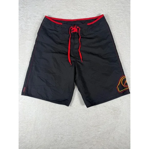 Quiksilver Board Shorts Mens‎ 34 Black Red Y2K Retro Logo Surf Swim Trunks