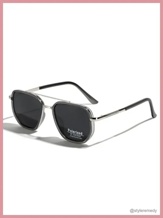 Polarized TR90 Sunglasses Vintage Square Flattop Double Bridge Metal UV400