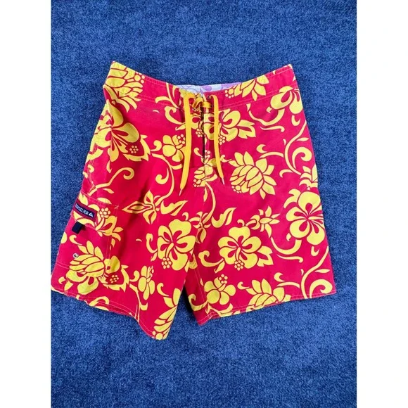 Vintage Quiksilver Board Shorts Mens 33 Red Yellow Hibiscus Floral Y2K‎ USA