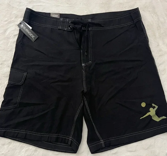 Burnside Mens Size 36 Black Board Shorts Surf Swim Trunks Drawstring NWT