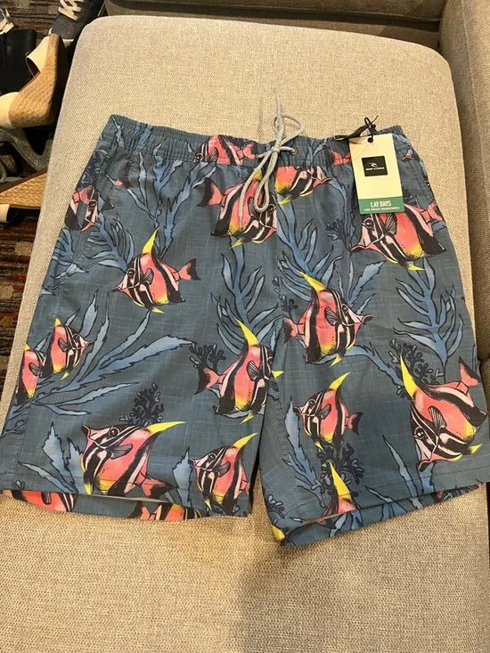 Quiksilver Men’s Blue Swim Trunks with Pink & Yellow Tropical Fish flow volley