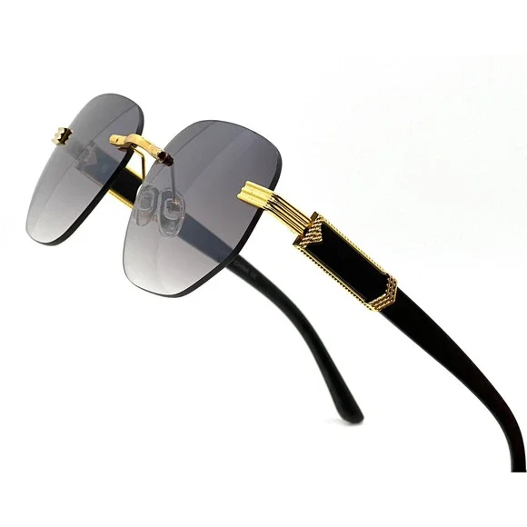 Women Unisex Sunglasses Black Gradient Aviator Rimless Gold Designer Fashion NEW