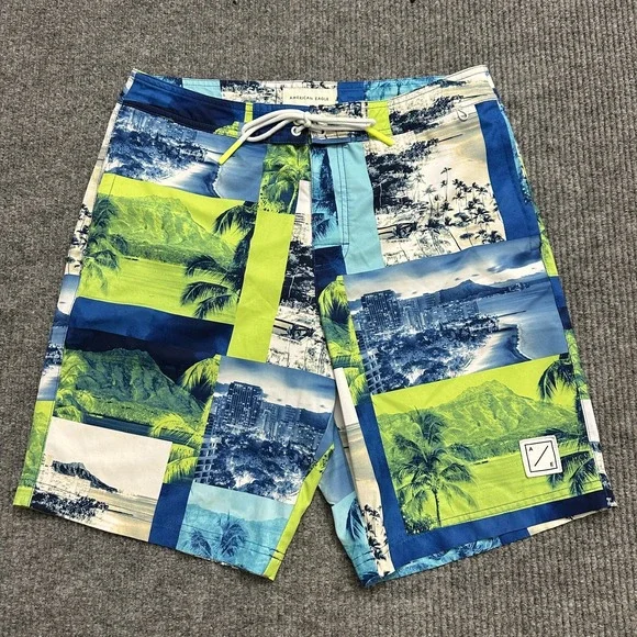American Eagle Mens Board‎ Shorts Medium Blue Green Tropical Pull On Drawstring