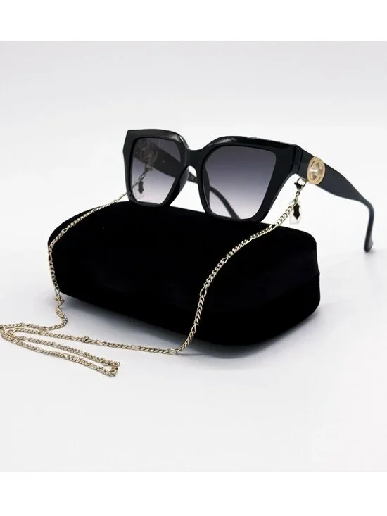 New Gucci Black Cat Eye Women Sunglasses GG1023S 001 With Chain