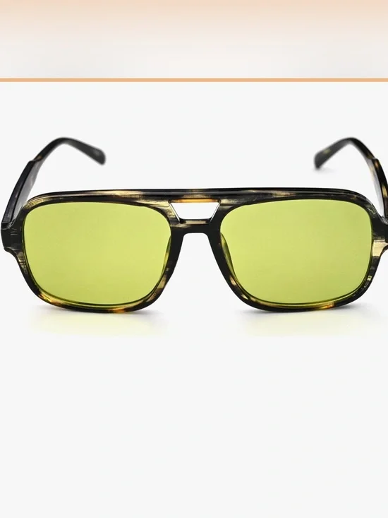 Retro Oversized Aviator Sunglasses -Vintage 70s Style Square Frame Yellow Lenses