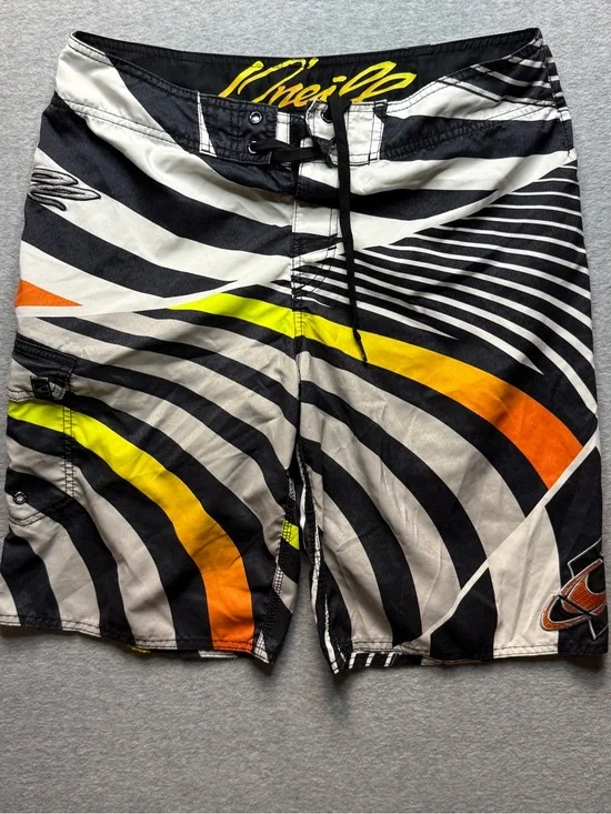 O'Neill Men’s Size 31 Black White Orange Yellow Graphic Board Shorts