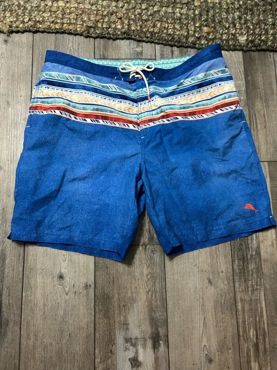 Tommy Bahama Orange Mesh-Lined Blue Patterned Swim Shorts board trunks