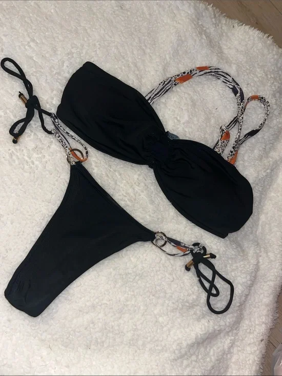 Black Bandeau Bikini Set with Patterned Straps