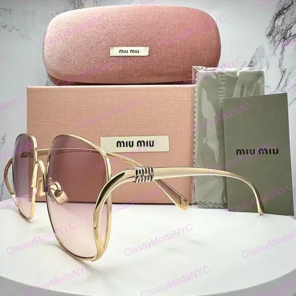New MIU MIU Sunglasses MU A57S 5AK40S Gold Metal Square Oversized Gradient Lens