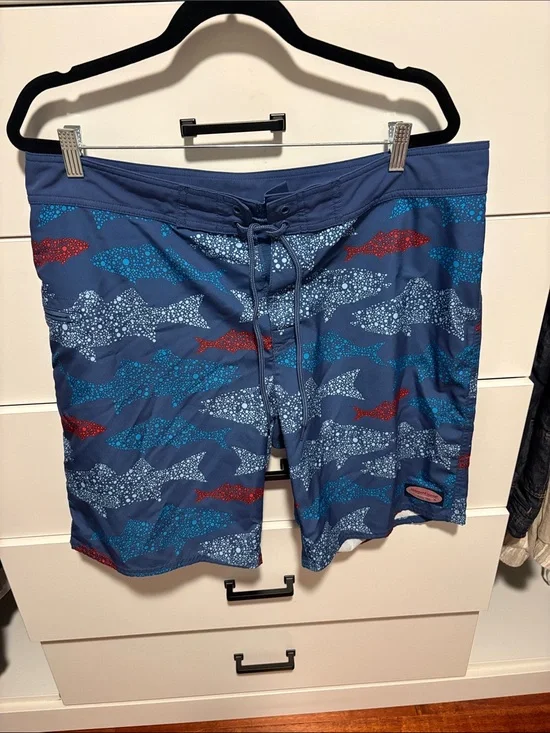 Vineyard Vines Navy Shark-Print Board Shorts with Red & Light Blue Accents