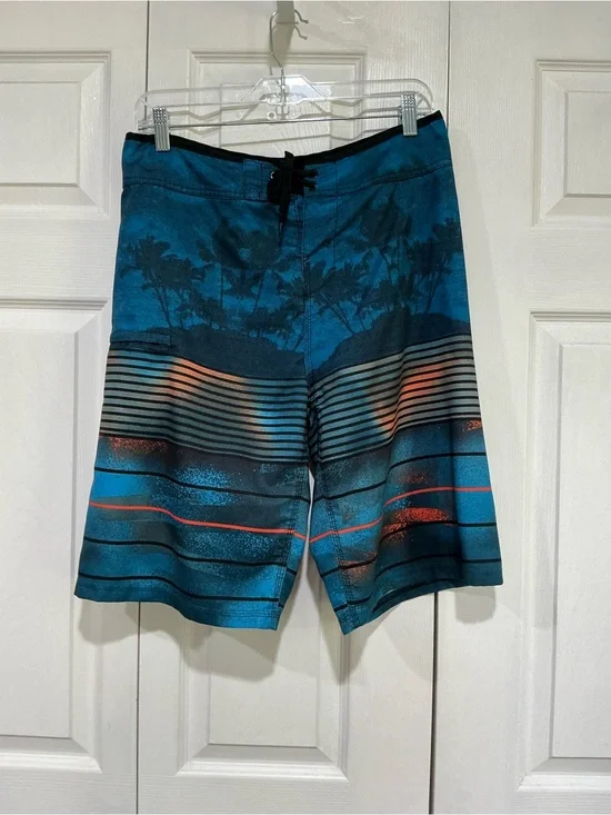💙 Burnside Board Shorts Blue and Black Design with Palm Trees - 32 (01318)