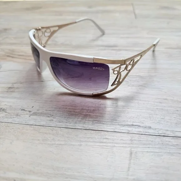 Y2K White Shield Sunglasses Rimless Silver Filigree Wraparound Futuristic WAGDY