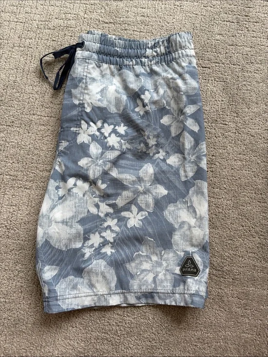 Prana Light Blue White Floral Swim Shorts