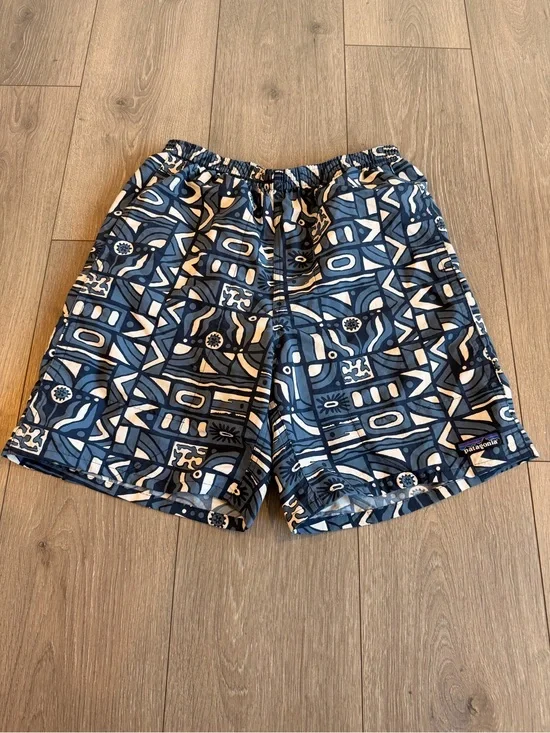 Patagonia Men’s Navy and White Geometric Swim Trunks
