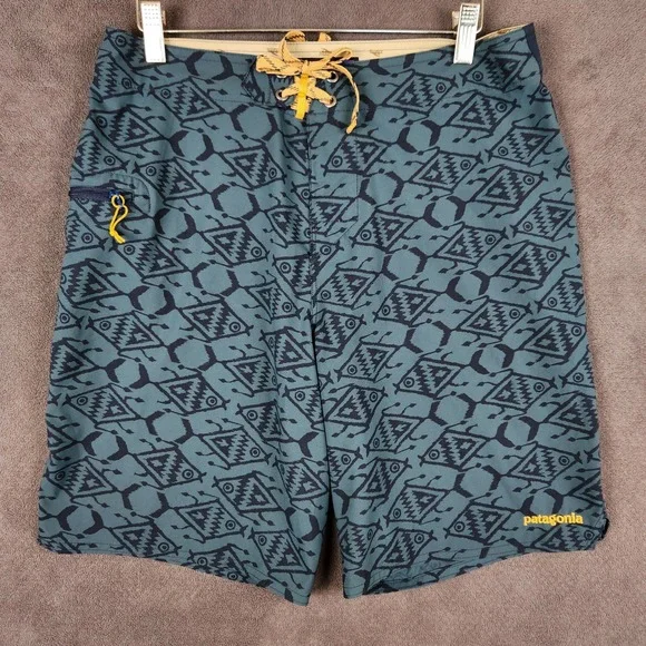 Patagonia Stretch Planing‎ Board Shorts Mens 30 Blue Geometric Fish Print 86611