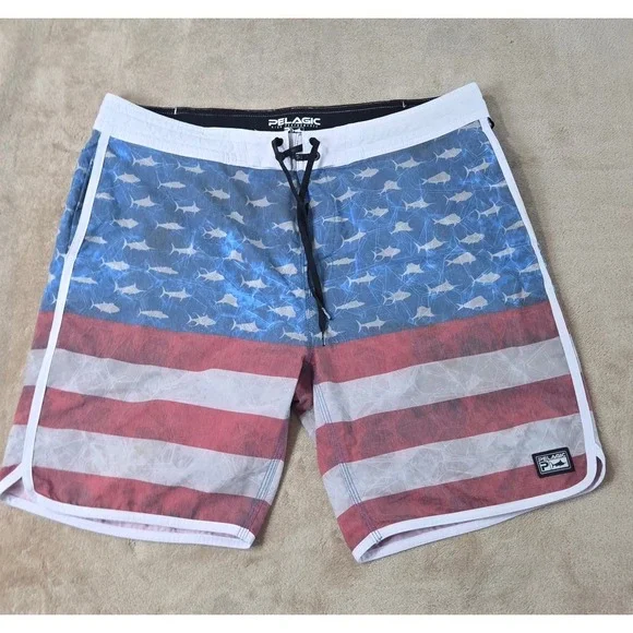 Pelagic High Performance Sharkskin Offshore Board Short 38 USA Flag Fish AOP EUC