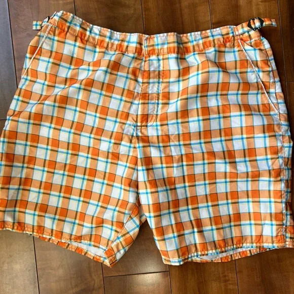 Men’s Orange Plaid Preppy Bold Summer Swim Trunks Board Shorts Size M Lined