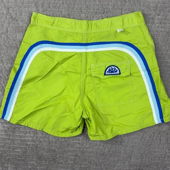 Sundek Mens Lime Green Board Shorts Size 29 Blue Rainbow Stripe Swim Trunks USA