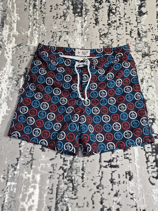 Original Penguin Navy Swim Shorts with Red & Blue Logo Circles