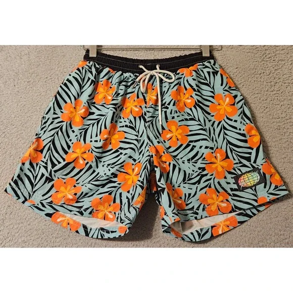 Slunks Mens Tropical Floral Board Shorts Blue Orange Compression Liner Small 5