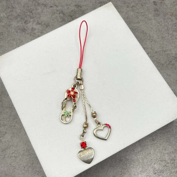 Y2K Silver-Tone Embellished Red Plumeria Flower Heart Dangle‎ Cell Phone Charm