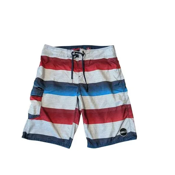 O'NEILL Mens Santa Cruz red, white & blue striped board shorts; Swim trunks; 32